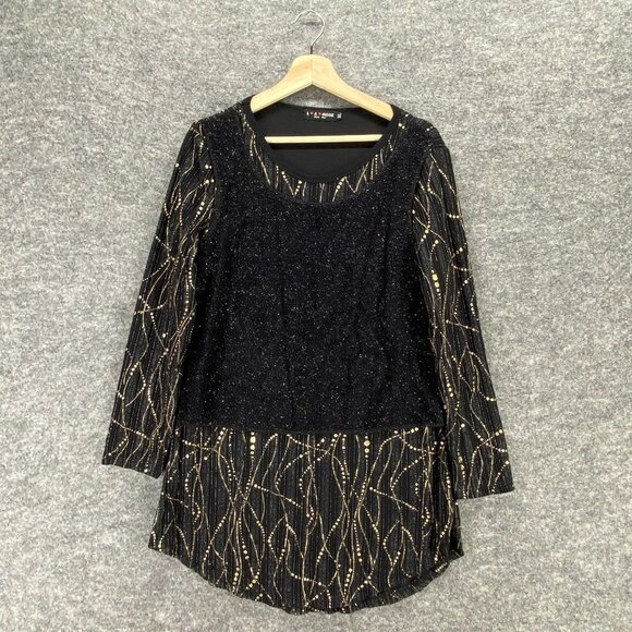 La Mode Top Women XL Black Tunic Party Beaded Embellished Long Sleeve Crew Neck - Picture 1 of 10